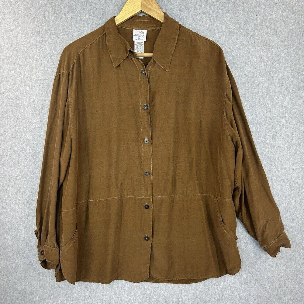 Click By Color Me Cotton CMC Brown Button-Up‎ Shirt Large Rayon Blouse Vintage